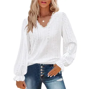 Ladies Dressy White Tops Hollow-out Casual Western Long Sleeve Tops Women