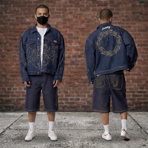 Veste en jean foncé pour homme, coupe ample, style streetwear, avec broderie dorée motif flamme - Product Image 3