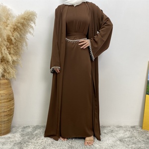 Nida Solid Color Two Pieces Abaya <b>Set</b> With Silver Diamond Chain and Sleeveless Inner Dress for Ramadan Muslim Women 2006+6595 - Product Image 2