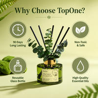 Diffuseur de parfum d'ambiance TopOne à bâtonnets d'huiles essentielles, ensemble réglable avec bouteille en verre vert et bouchon doré, fournisseur en gros