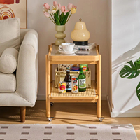 Table basse moderne à 2 niveaux avec plateau en verre et cadre en bambou, roulettes, meubles de salon