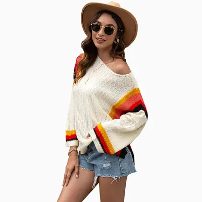 1 2024 wanita Sweater kardigan Rainbow Hollow baju pantai jahitan lengan panjang Sweater rajut 8220172