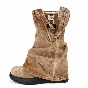 Women Thick Wedge Heels Round Toe Short <b>Boots</b> Shark Lock Overlay Cowboy Booties Retro Mid Calf Western Shoes - Product Image 3