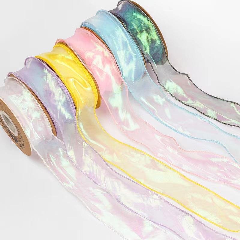 Wholesale Glitter Wired Ribbon Luxury Gift Ribbon Colorful Transparent Organza Ornaments With Wired Ribbon