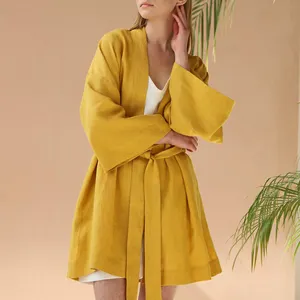 Özel Logo bayanlar kadınlar lüks elbiseler bornoz pamuk keten SPA Kimono Wrap bornoz kadın