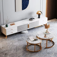 Ensemble de meuble TV et table basse moderne en verre avec plateau en pierre blanche, style nordique noir, pour salon, table basse avec meuble TV