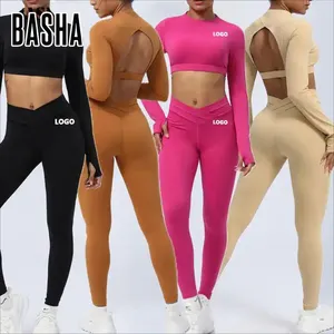 Bashasports Bán Buôn Tập Thể Dục Quần Áo Phụ Nữ Phòng Tập Thể Dục Quần Áo Kit Mồ Hôi Phù Hợp Với Mông Nâng Phụ Nữ Dài Tay Áo 2 Mảnh Yoga Bộ Phụ Nữ Xà Cạp