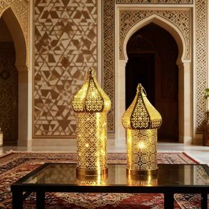 Full <strong>Gold</strong> Islamic Hollowed <strong>Lantern</strong> Traditional Pattern Decorative Wind Lamp Flashing Light for Indoor Use Ramadan Eid Home - Product Image 1