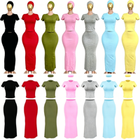 Ensemble de loungewear personnalisé pour femme, 2 pièces : haut à manches courtes côtelé en coton et jupe longue maxi, avec bandeau assorti – Essentiels