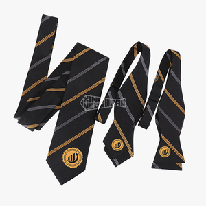 Pajaritas autoatadas a rayas de estilo de negocios profesional Corbata de seda negra y dorada Estilo de fraternidad para hombres - Product Image 1