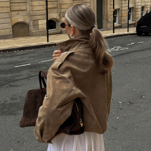 เสื้อแจ็คเก็ตทรงบลูซอนสไตล์ลำลองสำหรับผู้หญิง คอตั้ง ผ้าบรอดคลอธ ทรงหลวม ใส่สบาย เหมาะกับฤดูใบไม้ร่วง ทออย่างดี กันลม สีพื้น ย้อมสีธรรมชาติ เป็นมิตรกับสิ่งแวดล้อม - Product Image 4