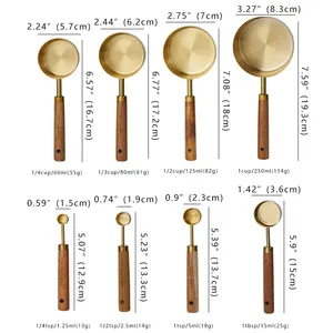 Customized 8 PCS Stainless Steel Acacia Wood Handle Gold Digital Measuring Cups And Spoons Set For Kitchen Baking