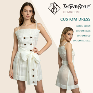 Elegante <span class=keywords><strong>Abito</strong></span> Mini Bianco Trasparente con Spalline Sottili da Donna, Scollo Quadrato, Doppio Petto, Cintura con Fiocco, Vestito Casual da Ufficio e Festa, Vendita all'Ingrosso - Product Image 1