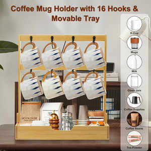 Étagère de rangement en bambou, organiseur de bureau à 3 niveaux avec porte-gobelets et tiroir pour vaisselle de cuisine - Product Image 3
