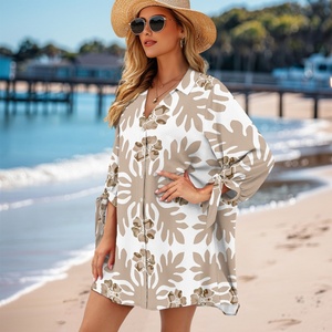 Camicie da spiaggia con bottoni floreali personalizzate a forma di foglie tropicali con stampa hawaiana per donne bianche Cardigan <span class=keywords><strong>Kimono</strong></span> lungo per costumi da bagno taglie forti - Product Image 4