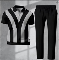 Ensemble de vêtements pour hommes, mode été, deux pièces, rayé, demi-zip, pantalon droit avec cordon de serrage