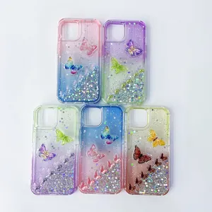 Crystal Three-In-One TPU Dyed Two-Color Gradient + PC Glue + Butterfly Accessories Cell Phone Case for iPhone for Samsung f 2739