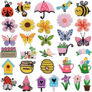 Patchs thermocollants brodés mignons avec motifs de fleurs printanières, oiseaux, abeilles, parapluies et papillons pour la décoration de vêtements et de sacs - Product Image 1