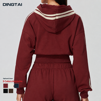 Dingtai Sweat-shirt à capuche pour femme, coupe courte, zippé, avec manches à bandes contrastantes, ourlet côtelé, en molleton chaud, style coupé-cousu, vêtement de détente