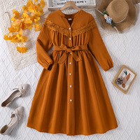 Robe élégante pour jeune fille, nouvelle collection automne 2026, couleur unie, col en V, manches longues, patchwork de dentelle, taille ajustée, pour filles de 8 à 12 ans