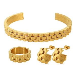 Conjunto de joyería para mujer: pulsera de reloj tipo brazalete abierto, chapado en oro de 18k, acero inoxidable que no se deslustra, anillo tejido y aretes. - Product Image 6