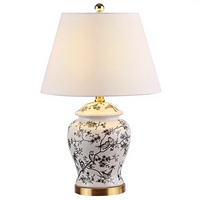 Lampe de table LED 22 pouces Gris/Blanc, en céramique et métal, style Chinoiserie, abat-jour en lin traditionnel français, finition laiton doré