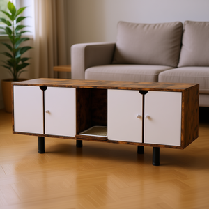 Caja de arena oculta para gatos con 2 gabinetes, puertas dobles, almohadilla de drenaje de arena, rectangular marrón, 100 L, manual, de bambú y madera - Product Image 2