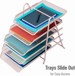 Metal Desk Organizer with 5 Sliding <b>Trays</b> for Letters and <b>Files</b> Holder 5 Tier Paper <b>Tray</b> Desktop <b>File</b> Storage Office Pink - Product Image 4