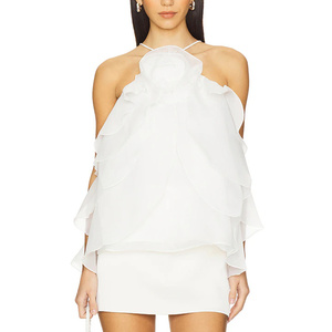 <span class=keywords><strong>Top</strong></span> <span class=keywords><strong>Halter</strong></span> con cordones y hombros descubiertos con estilo de verano con dobladillo con volantes Blusa sin mangas informal blanca de moda para chicas de moda - Product Image 3