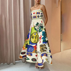 Abito lungo estivo da <span class=keywords><strong>donna</strong></span> con stampa geometrica boho, spalline sottili e linea ad A, casual, con schizzi di colore a contrasto - Product Image 2
