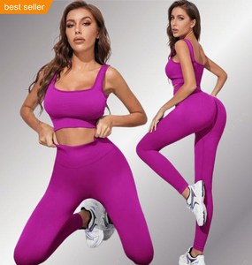 <span class=keywords><strong>2022</strong></span> nouveau personnalisé sans couture côtelé ensemble d'entraînement Fitness tenue femmes haut Impact deux pièces ensemble de vêtements actifs - Product Image 1