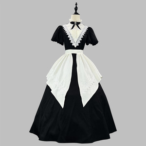 Gothic Nun Black Long And Short Op Sleeve Apron Maid Costume Women Halloween Cosplay Outfit Solid Color Lace Patchwork Polyester - Product Image 2