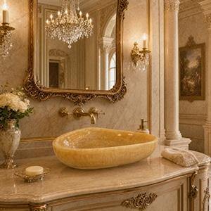 Poulars Wholesale Luxury Wall-mounted Natural Stone Man Made Pedestal Hand Washing Sink Cream Yellow Onyx Marble Stone Basin - Product Image 4
