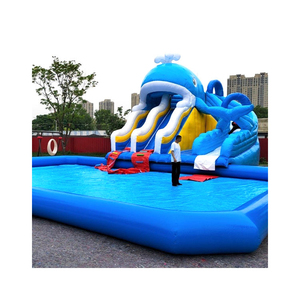 Parco Acquatico Gonfiabile a Tema Squalo di Grado Commerciale, Design Blu e Giallo per Piscine e Noleggio Estivo - Product Image 2