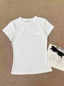 Solid Round Neck Letter Printed Short Sleeved T-shirt for Women Slim Fit Designer Casual Cotton <b>Crop</b> <b>Top</b> - Product Image 5