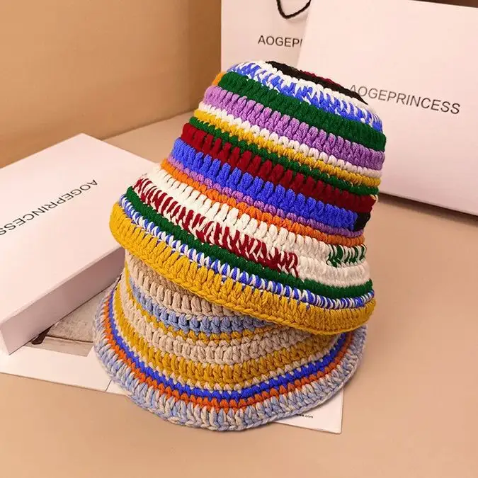 Outdoor Soft Knitted Warm Fisherman Hat for Women Colorful Striped Handmade Knitted Cap Crochet Bucket Hat