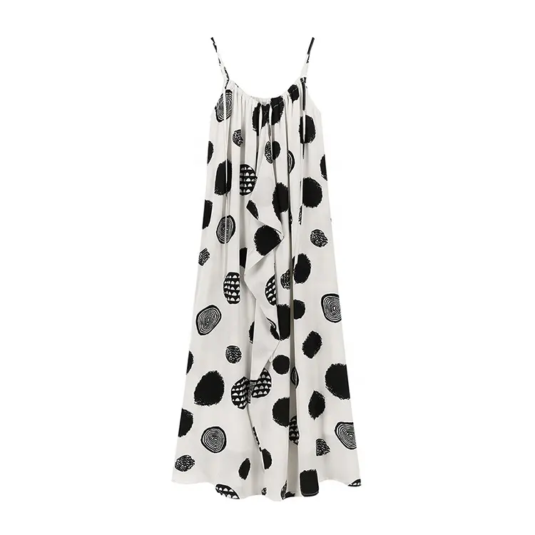 Französisch Long Slip Kleid Vintage Polka Dot Urlaubs kleid Chiffon Kleid für Frauen