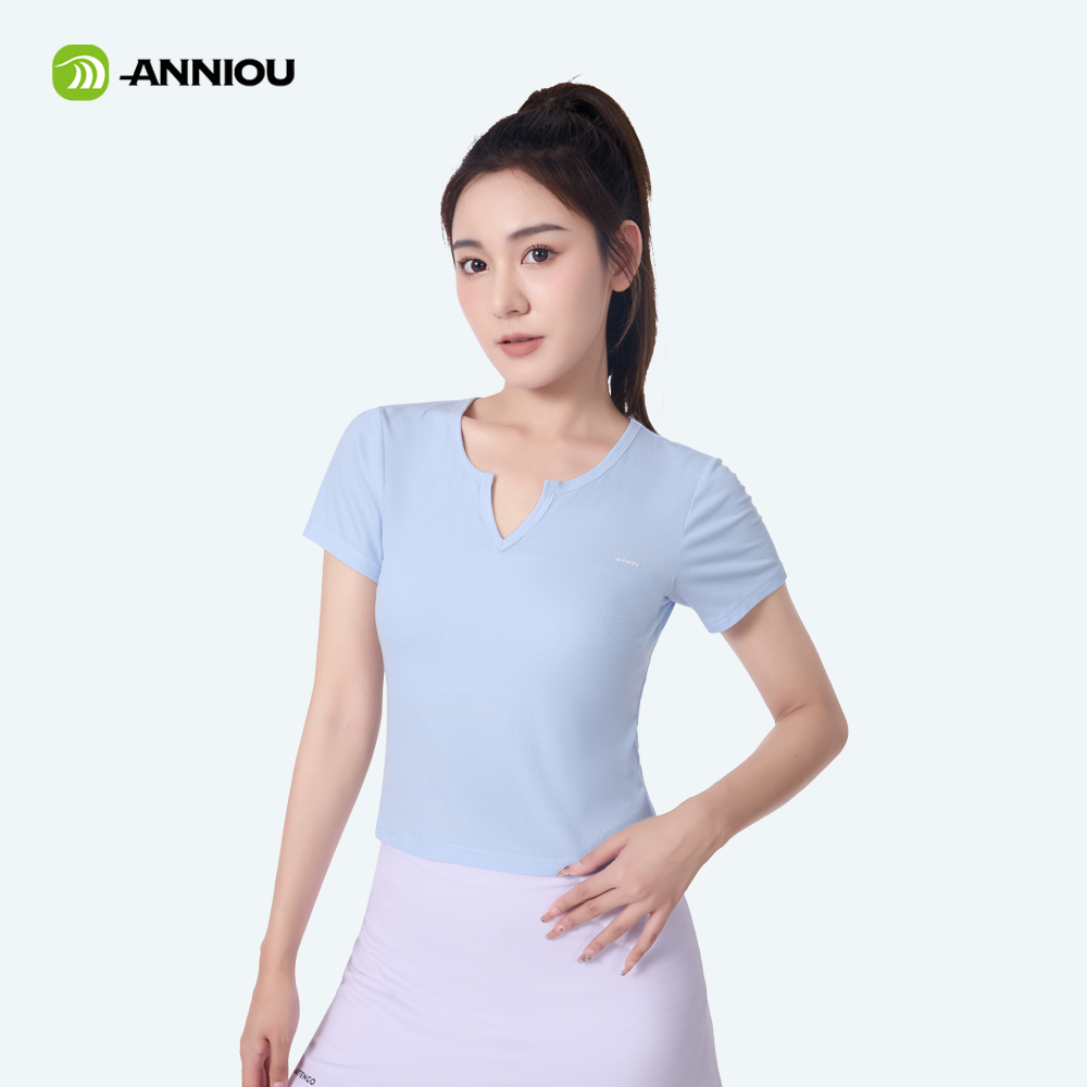 Wholesale Breathable Golf Sport T-shirt Women's Casual V-neck Striped High Elastic Slim Running Yoga Short Sleeve Top