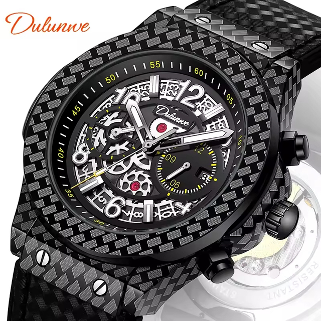 DULUNWE 6067 Trend Mosaic Pattern Design Mechanical Wristwatch Sports Luminous Waterproof Automatic Watches Luxury Men's Watch