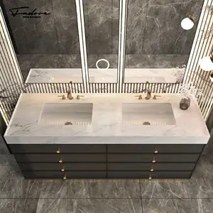 Lüks paslanmaz çelik banyo dolabı hafif deri Led akıllı ayna banyo Vanity çin beyaz taş banyo kabini