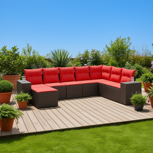 Set di divani da giardino in polyrattan marrone, 8 pezzi con cuscini, mobili da esterno moderni - Product Image 2
