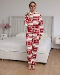 Femmes noël fermeture éclair à capuche combinaison chemise de nuit à manches longues fermeture éclair col en <span class=keywords><strong>V</strong></span> dessin animé imprimé pyjamas hiver chaud sommeil maison porter - Product Image 1