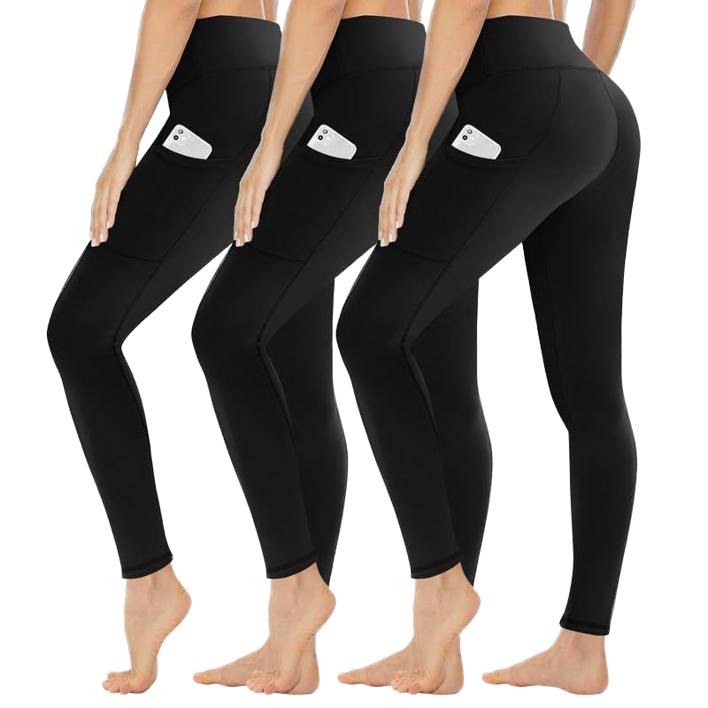 Womens High Rise Black Yoga Leggings Tummy Control Non See Through With Pockets Yoga Pants