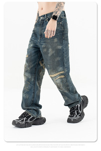 Jeans droits décontractés pour hommes <span class=keywords><strong>24AW</strong></span> Denim lavé Advanced Sense Erosion Cut Old Loose Mid Waist Solid pour l'automne - Product Image 2