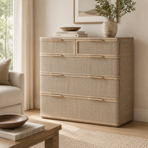 Commode haute Japandi premium à 5 tiroirs en chêne massif et <span class=keywords><strong>rotin</strong></span>, commode verticale peu encombrante, <span class=keywords><strong>chiffonier</strong></span> architectural à profil incurvé - Product Image 6