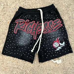 ड्रॉस्ट्रिंग पफ प्रिंट शॉर्ट्स स्ट्रीटवियर स्ट्रेटवियर, पुरुषों के लिए खराब कपास फ्रेंच टेरी स्वेट शॉर्ट्स - Product Image 4