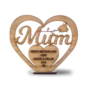 Festa della mamma ornamento in legno cuore lettera cava taglio Laser artigianato in legno felice festa della mamma ornamento moda artigianato in legno
