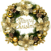Karangan Bunga Natal Plastik Emas 40cm dengan Hiasan Kerucut Pinus, Bola-bola, & Poinsettia untuk Dekorasi Gantung Pintu Amerika