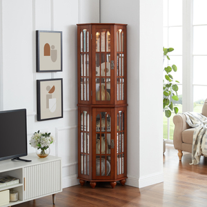 Corner <strong>Curio</strong> <strong>Cabinet</strong> with 4 Adjustable Tempered Glass Shelves and Lighting System, Solid Wood Legs - Product Image 4