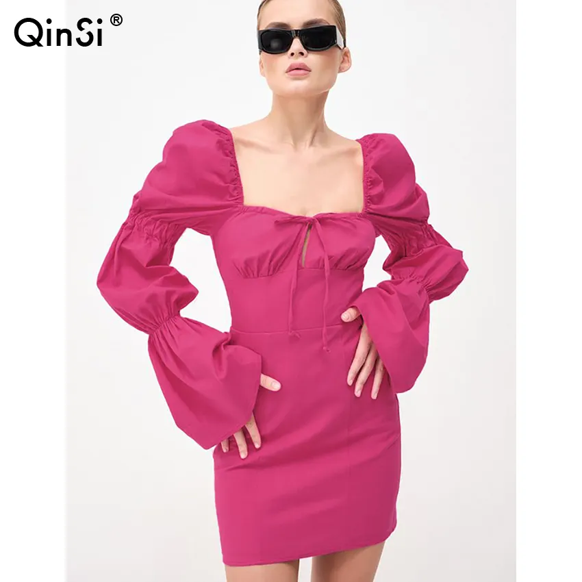 Bclout/QINSI Square Collar Pencil Dresses Female Club Sexy Women Party Bowknot Pink Dress Chic Flare Sleeves Cotton Linen Dress